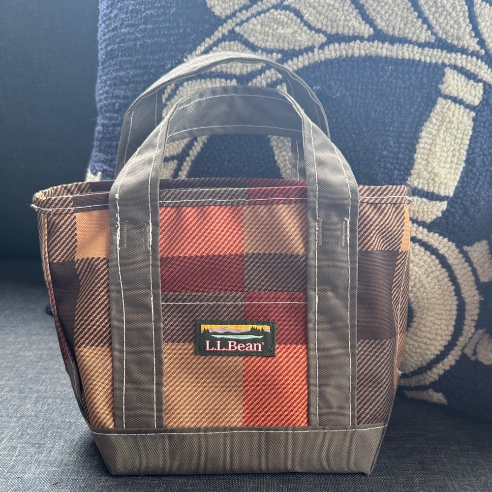 L.L. Bean Plaid Mini Tote in Brown, Orange, Red